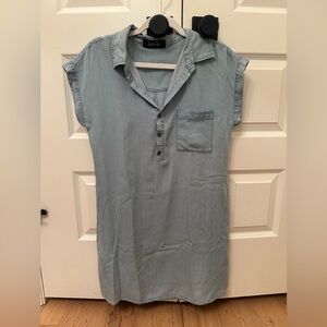 fab'rik Washed Light Blue Short Sleeve Button Dress with front pocket